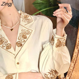 Women Lantern Sleeve Notched Print Temperament Casual Korean Style French Retro Elegant Hot Sale All-match Ladies
