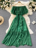 Slash Neck Chiffon Long Dress Women Red/Green/Purple Irregular Ruffle Short Sleeve High Waist Beach Vestidos Female