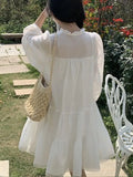White Lace Dress Women Hollow Out Mini Dress Female Elegant Sweet Dress Ladies Long Sleeve V Neck Lace Up
