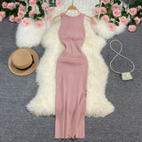 Zingj Sexy Round Neck Kink Solid Color Vest Knit Skirt Front And Back Two Wear Elastic Tight Wrap Hip