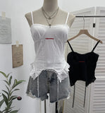 Shooting Hottie Sexy Sling Sling Vest Lace Side Splicing Letter Embroidery Short Outer Wearing Sleeveless Small Top