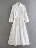 Shirt Dress Women Button Up Midi Dress Female Lapel Long Sleeve Elegant Dress Female Hollow Out White Dress With