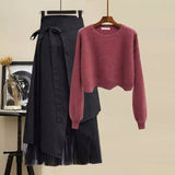 Women Winter Patchwork Long Sleeve Knitted Tops + Asymmetric Skirt 2 Piece Suit Female Party Elegant Two Piece Set 211-0-Outfit