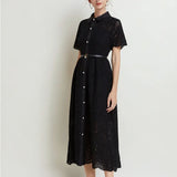 Retro Elegant Dress Women's Summer Senior Sense Collar Single Buckle Waist Thin Hollow Embroidered