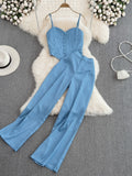 Sexy Striped 2Pcs Set Elegant Single Breasted Strap Camis Tops + High Waist Pants Casual Two Pieces Suits Female New