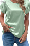 Summer Tops Woman Short Sleeve Silk Blouse Loose Casual O-Neck Solid Shirts Fashion Satin Clothing Elegant