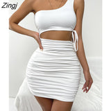 Women Bodycon Sundress Solid Color One Shoulder Sleeveless Hollow Out Drawstring Summer Mini Dress