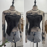Dye Mesh Spliced Denim Shoulder Long-Sleeved T-Shirt T-Shirt T-Shirt Dress
