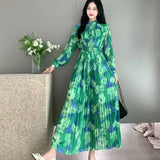 Women's Autumn Dress French Bubble Sleeves Long Heavy Industry Pressure Folds High-Grade Chiffon Floral Fall-In-Action