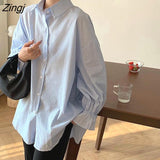 Women Chic Lazy Striped Butterfly-sleeve Turn-down Collar Preppy Style Ulzzang Female Clothing Buttons 3-colors