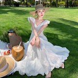 Zingj Sense White Hollow-Out Embroidery V Neck High Waist Show Thin Back Dress Sanya Beach Holiday Beach