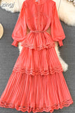 Autumn Women Lace Long Dress Vintage Round Neck Lantern Sleeve High Waist Cascading Ruffle Pleated Party Maxi
