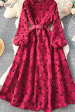 Autumn Women Hook Flower Hollow Party Long Dress Vintage Round Neck Puff Sleeve High Waist A-Line Maxi Vestidos New