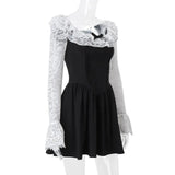 Black Lace Flare Long Sleeve Mini Dress- Outfit