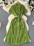 Women Irregular Pleated Party Long Dress Elegant Vacation Beach Draped Ruffle Vestidos Female Short Sleeve Maxi Robe
