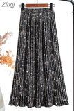 Women 2023 High Waist Floral Print Mid Calf Long Pleated Skirt Girls Summer Vintage Elegant Chiffon Midi