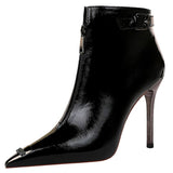 Shoes Women Leather Boots Metal Heel Ankle Boots High Heels Front Zipper Buckle Short Boots Autumn Winter Shoes
