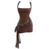 Girl Leopard Spliced Ribbon Ribbon Dress Women's New Summer Small Design-Style Ass Short
