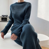 And Winter Solid Color Round Collar Open Fork Sweater Set Women's Loose Knitting Tops Broad Leg Pants Two