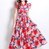 Printing Lotus Leaf Cuff Clenbuter Single Buckle Waist Swing Dress Female Thin Temperament Elegant