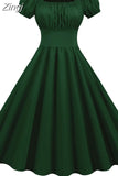 Women Dress Sexy Puff Sleeve Casual Vintage Pin Up Party Dress Solid Elegant Midi