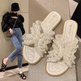 Fragrant Wind Cool Slippers Female 2025 Summer Korean Version Of The New Wear Fairy Wind Lady String Beads Flat With Fashion