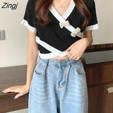 T-shirts Women Patchwork Summer Design Simple Slim All-match Casual Harajuku Sweet Girls Stylish Tops Tees Ulzzang