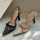 Niche Sexy Hottie Embroidered Lace Bag Sandals Fine Heel Small Square Net Red Bow High Heels