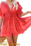 Women Beach Cover Up Dress Sexy Deep V-Neck Ruffle Short Sleeve Drawstring Dress Loose Bikini Cover Ups