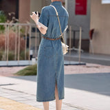 Kong Style Retro Thin Denim Dress Women's Summer 2025 New Loose Thin Small Short-Sleeved Shirt