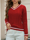 Women's Temperament V-Neck Long-Sleeved Sweater Fashion Jersey Thread White-Bordered Cuffs Knitted
