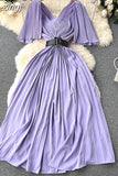 Women Pleated Party Long Dress Sexy V-Neck Short Sleeve High Waist A-Line Maxi Vestidos With Belt Vacation Beach Robe