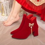 New Bow Water Diamond String Beads Wedding Shoes Korean Version Tassel Thick Heel Comfortable Bride Boots Wine Red Fashion