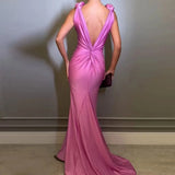 Pink Satin Deep Neck Pleated Maxi Dress- Outfit