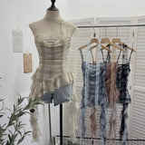 Lattice Splicing Lace Ribbon Ribbon Swing Tie Sling Sling Vest Irregular Lotus Leaf Side Hottie Top