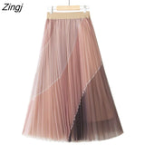 Long Skirt Women Fashion Contrast High Waist A-Line Pleated Skirt Harajuku Korean Style Black Mesh Midi Skirt Faldas
