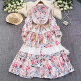 Retro Court Wind Hollow Lace Splicing Lantern Sleeve Collection Waist Single Buckle Print Dress 2025 Spring