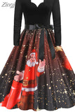 Women Christmas Dress Winter Long Sleeve V Neck Pumpkin Print Halloween Costume Party Dresses Casual Vintage S~3XL