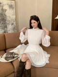 Xixi 2025 Autumn New White Standard Temperament High-Necked Long-Sleeved Plus Velvet Dress High-End Short Dress Women