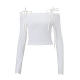 Zingj 2023 New Women's One-Line Shoulder Strap Sexy Crop Slim All-Match Long Sleeve