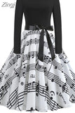 Christmas Dresses Women 50S 60S Vintage Robe Swing Pinup Elegant Party Dress Long Sleeve Casual Print