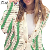 Women Knitted Cardigan with Striped Pattern Button Decoration Loose Version Street Style Spring Autumn Sweater