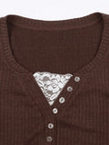 Lace Paneled Button Long Sleeve Knit Top- Outfit