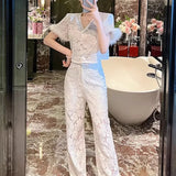 Temperament Famous Lady Light Luxury Two Sets Of 2025 Autumn And Winter New Embroidery Flowers Ostriches Hair High Waist Broad Leg Trousers Set