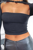 Women Long Sleeve Cutout Tees Crop Tops Casual Fashion Solid Color Backless Slim Fit Short T-shirts Female Base