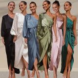 Zingj Years Sexy Inclined Shoulder Closed Waist Lace Satin Lantern Sleeve Dress Women's