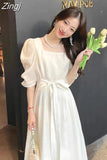 Sexy Casual Bow Square Collar Short Puff Sleeve Evening Midi Dresses for Women 2023 Summer New Maxi Dress Elegant