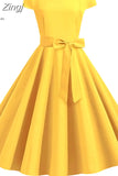 Women Vintage Dress 50S 60S Short Sleeve Casual Elegant Retro Office Party Midi Dress Robe Femme Solid