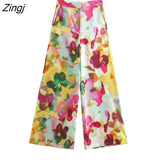 Women Vintage Ink Painting Floral Print Casual Wide Leg Pants Female Chic Zipper Fly Long Trousers Pantalones Mujer