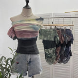 Real Shooting Can Wear Two-Wear Art Dizzy Net Yarn Spliced A Word Shoulder T-Shirt To Repair The Chest Short Babes Top